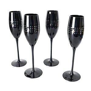 4 Vintage Black With Silver Glass Tall Wine Glasses